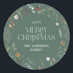 Christmas watercolor botanical floral sage green classic round sticker<br><div class="desc">Christmas foliage watercolor botanical floral dark moody modern sage green holiday gift wrap sticker favour design.</div>
