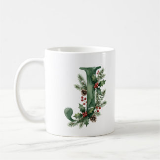 Christmas Watercolor Botanical Monogram Letter J Coffee Mug