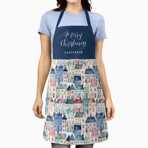 Christmas Watercolor Colourful Houses Holiday Apro Apron
