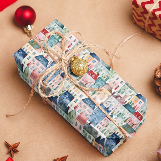 Christmas Watercolor Colourful Houses Holiday Wrapping Paper (Creator Uploaded)