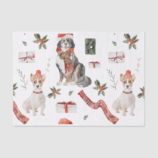 Christmas  Watercolor Dog and Cat Tissue Paper (Front)