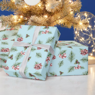 Christmas Watercolor Fir Branches, Candy Cane Blue Wrapping Paper