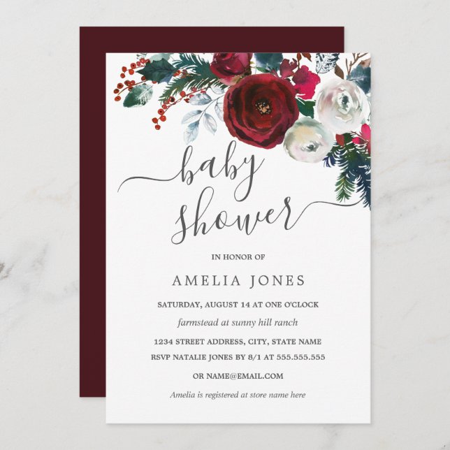 Christmas Watercolor Floral Baby Shower Invitation (Front/Back)