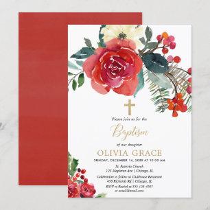 Christmas watercolor floral elegant baptism invitation