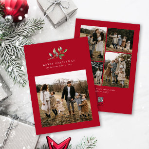 Christmas Watercolor Floral Five Photo Collage Holiday Card