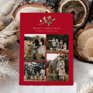 Christmas Watercolor Floral Five Photo Collage Holiday Card