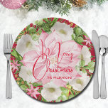 Christmas Watercolor Floral  Paper Plate<br><div class="desc">Personalised large paper plates feature modern,  elegant winter flowers and a pink poinsettia with Merry Christmas and your name in chic lettering. MATCHING items in our store.</div>