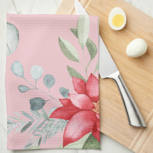 Christmas Watercolor Floral Poinsettia & Greenery Tea Towel