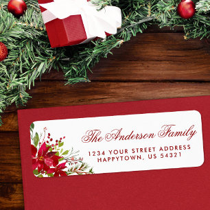 Christmas Watercolor Floral Poinsettia Red Return Address Label