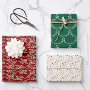 Christmas Watercolor Floral Red Bows Traditional Wrapping Paper Sheet