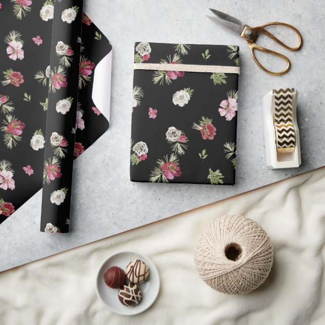 Christmas Watercolor Flower Black Wrapping Paper (Crafts)