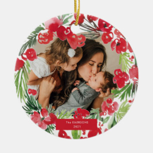 Christmas watercolor flower frame Photo   Ceramic Ornament