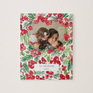 Christmas watercolor flower frame Photo  Jigsaw Puzzle