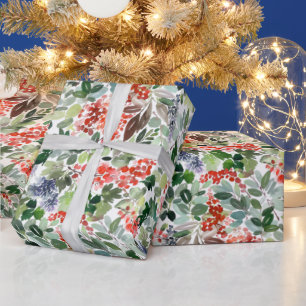 Christmas Watercolor Foliage Holly Berry Holiday Wrapping Paper