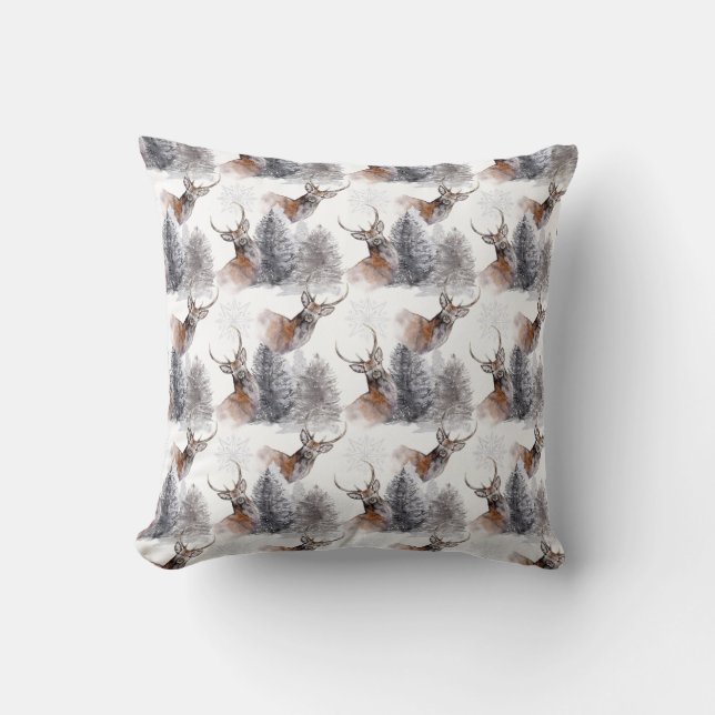 Christmas Watercolor Forest Deer Pattern Cushion (Front)