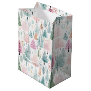 Christmas Watercolor Forest Pattern Medium Gift Bag