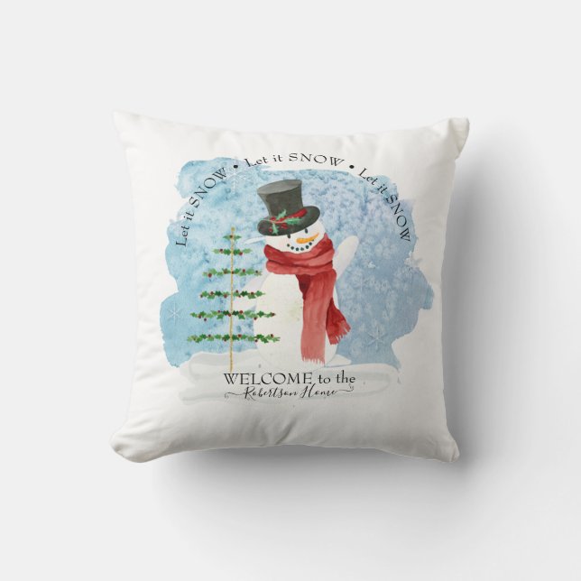 Christmas Watercolor Frosty Snowman Let it Snow Cushion (Front)