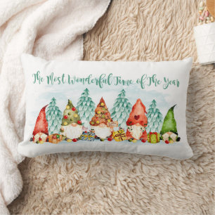 Christmas Watercolor Gnomes Group Lumbar Cushion