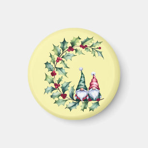 Christmas Watercolor Gnomes Sitting On Holly Twig Magnet