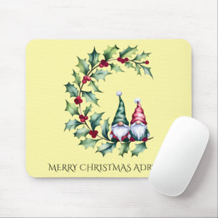 Christmas Watercolor Gnomes Sitting on Holly Twig Mouse Pad
