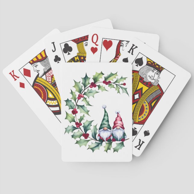Christmas Watercolor Gnomes Sitting On Holly Twig Playing Cards (Back)