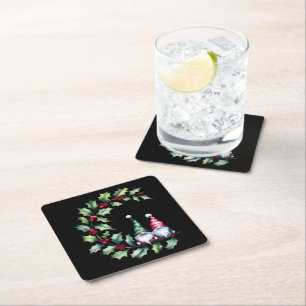 Christmas Watercolor Gnomes Sitting On Holly Twig Square Paper Coaster