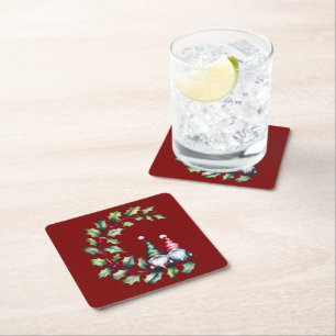 Christmas Watercolor Gnomes Sitting On Holly Twig Square Paper Coaster
