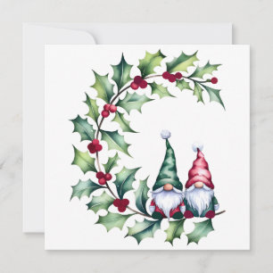Christmas Watercolor Gnomes Sitting On Holly Twig Thank You Card