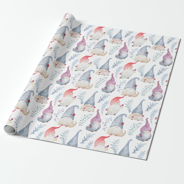 Christmas watercolor gnomes wrapping paper (Unrolled)