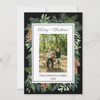 Christmas Watercolor Greenery Botanical Black Holiday Card