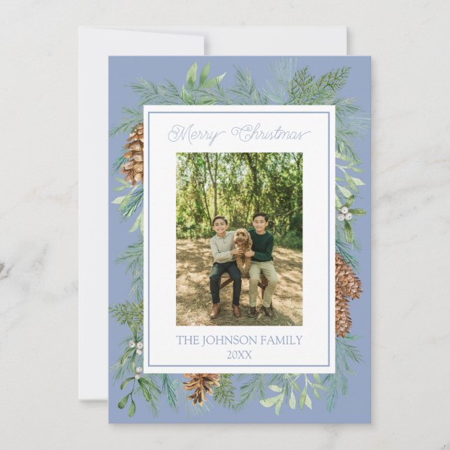 Christmas Watercolor Greenery Botanical Dusty Blue Holiday Card (Front)