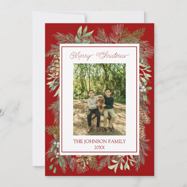 Christmas Watercolor Greenery Botanical Red Holiday Card (Front)
