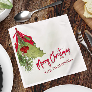 Christmas Watercolor Greenery Holiday Holly Berry Napkin