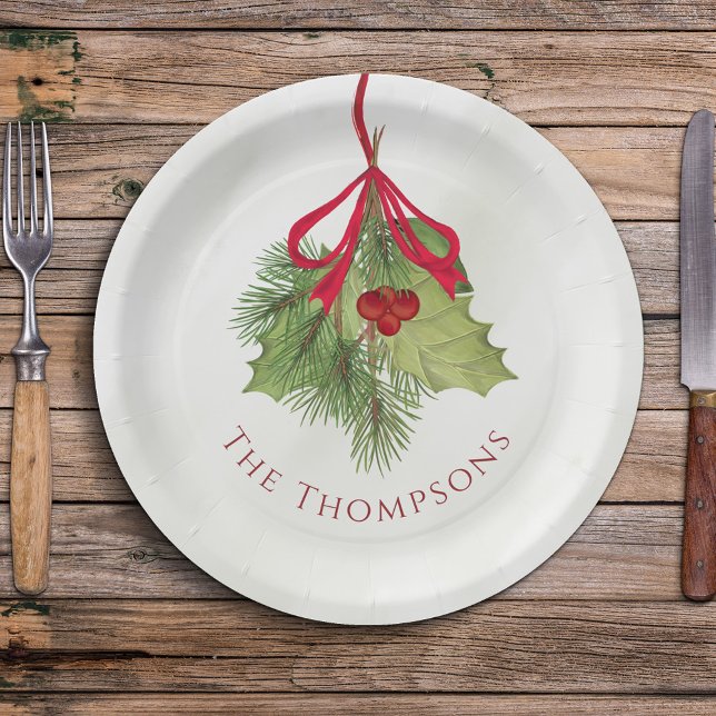 Christmas Watercolor Greenery Holiday Holly Berry Paper Plate (Christmas watercolor greenery holly berries custom paper plate. )