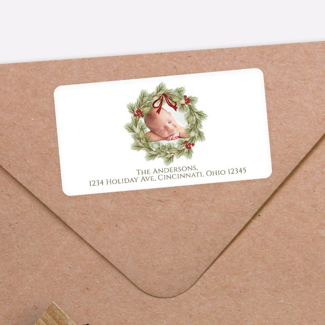 Christmas Watercolor Greenery Wreath Foliage Label (Christmas photo greenery and foliage wreath return address label.)