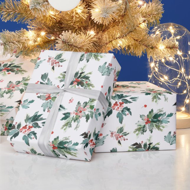 Christmas Watercolor Holly Berries Branch Holiday Wrapping Paper (Holidays)
