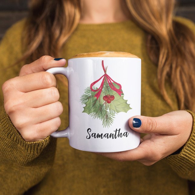 Christmas Watercolor Holly Berries Greenery Script Coffee Mug (Christmas holiday greenery and foliage calligraphy script custom mug. )