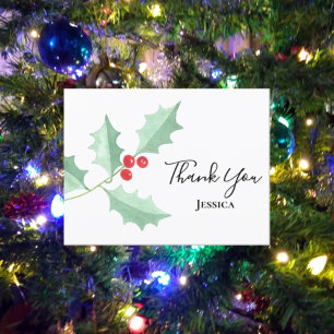 Christmas Watercolor Holly Berries Thank You Postcard