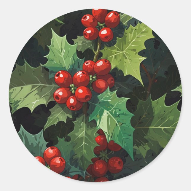 Christmas watercolor Holly berry leaves botanical  Classic Round Sticker (Front)