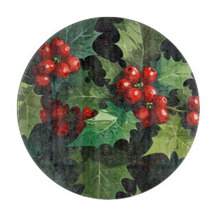 Christmas watercolor Holly berry leaves botanical Cutting Board