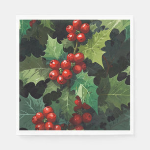 Christmas watercolor Holly berry leaves botanical  Napkin