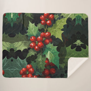Christmas watercolor Holly berry leaves botanical Sherpa Blanket
