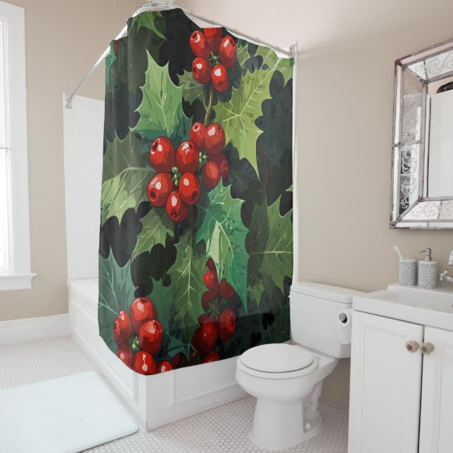Christmas watercolor Holly berry leaves botanical  Shower Curtain (In Situ)