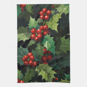 Christmas watercolor Holly berry leaves botanical  Tea Towel