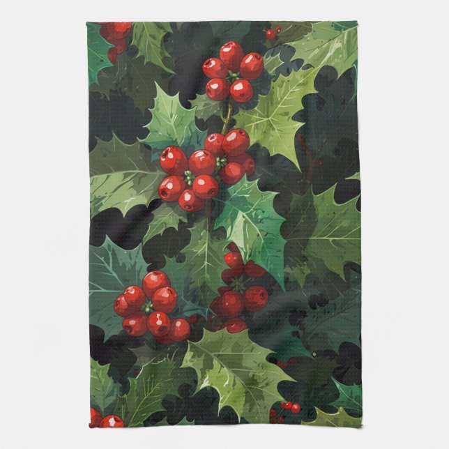 Christmas watercolor Holly berry leaves botanical  Tea Towel (Vertical)