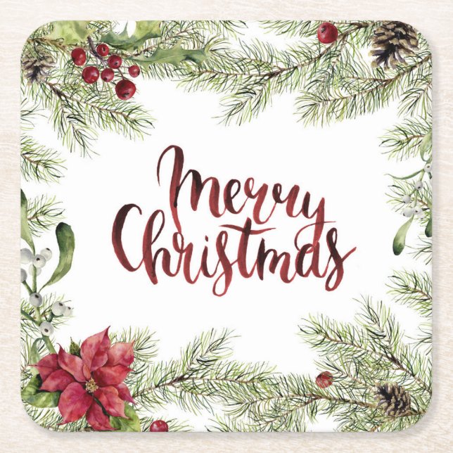 Christmas | Watercolor - Holly & Mistletoe Frame Square Paper Coaster (Front)