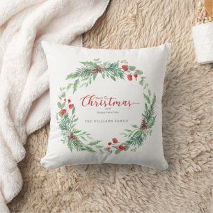 Christmas Watercolor Holly Wreath Throw Pillow