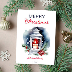 Christmas watercolor lantern poinsettia holiday card