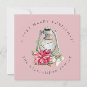Christmas Watercolor Lantern Red Poinsetta Holiday Card