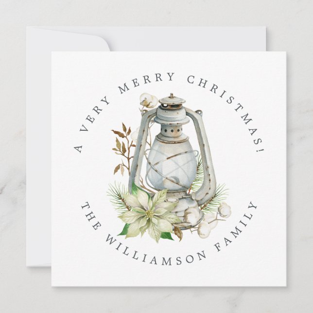 Christmas Watercolor Lantern White Poinsetta Holiday Card (Front)